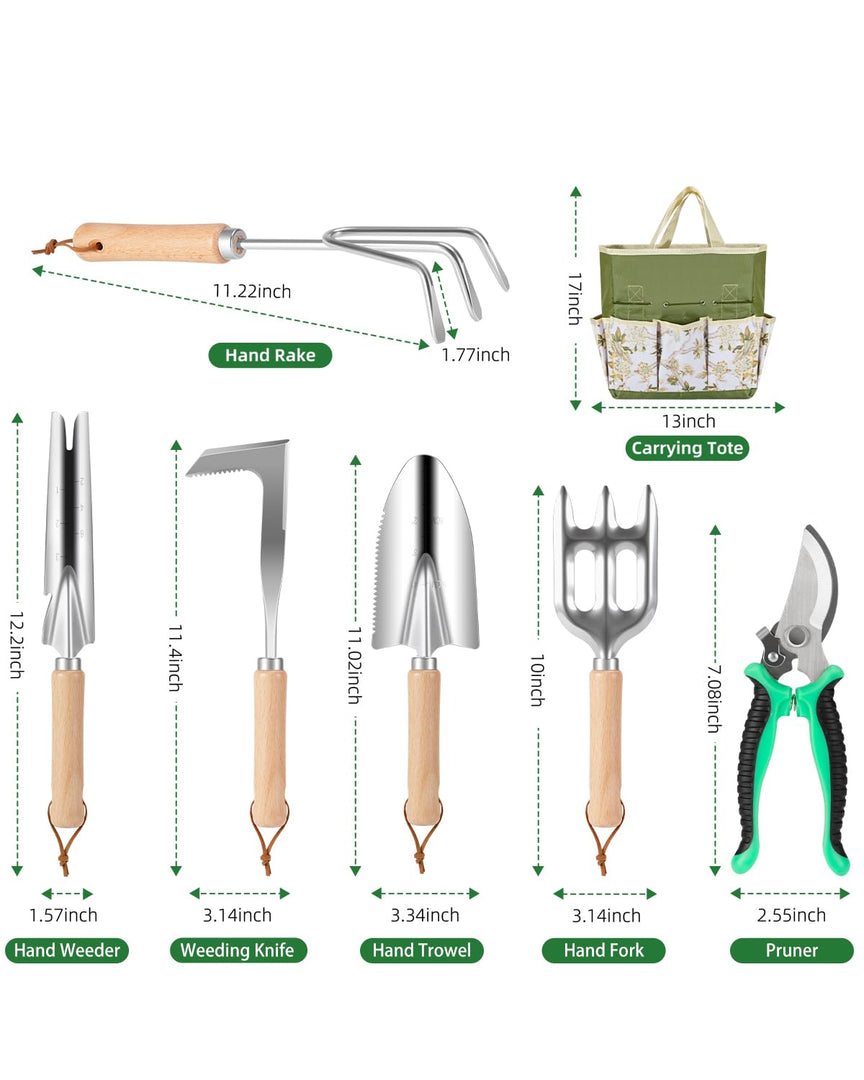 9-Piece Premium Gardening Tool Set for Women - Heavy Duty Stainless Steel Rust-Proof Tools with Fashion Storage Tote | Perfect Gardening Gifts for Mom, Mother's Day, Birthday & Outdoor (Green)