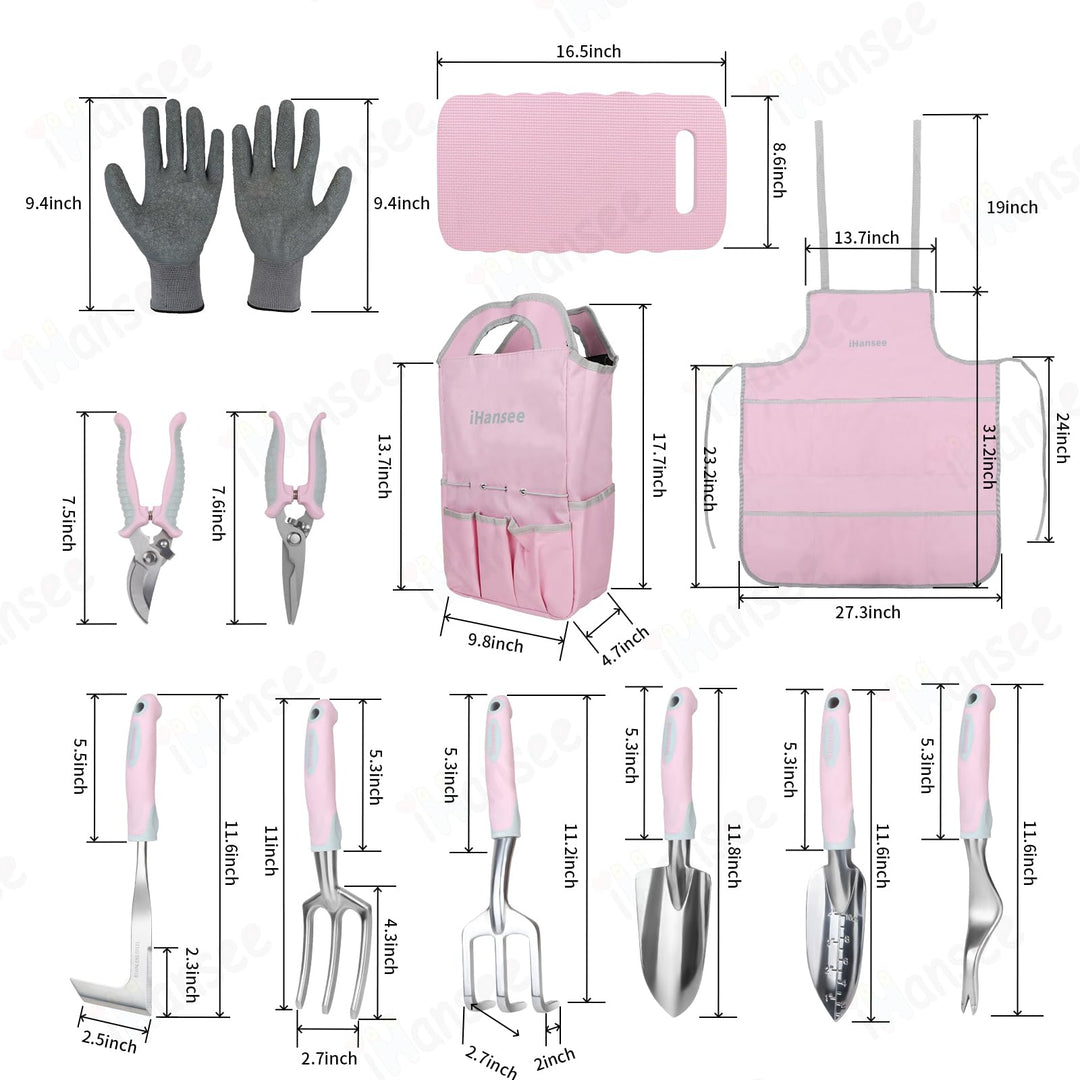 Pink Garden Tool Sets 12 Pieces, iHansee Aluminum Gardening Hand Tools with Non-Slip Handle, Kneeling Pad, Apron, Gloves and Organizer Bag, Landscaping Tools - Gift for Women & Garden Enthusiasts