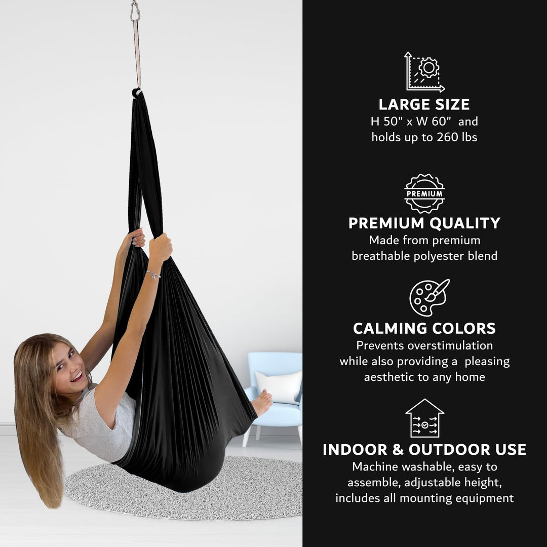 Bradoro Double Layer Reversible Sensory Swing | Outdoor and Indoor Swing for Kids and Adults Up to 260 lbs | Autism Cocoon Swing | Kids Sensory Swing (Black)