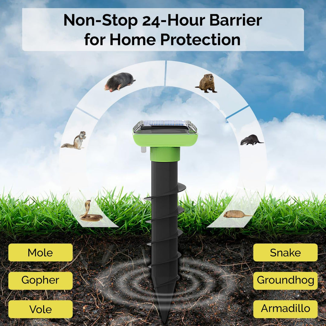 Solar Garden Device – 4 Pack, IP66 Waterproof, Solar Rechargeable, Covers up to 75 sq. ft., Quick 2-Hour Charge, 8–10 Hours Operation, Weather-Resistant Lawn & Garden – eco-Friendly Lawn Spikes,