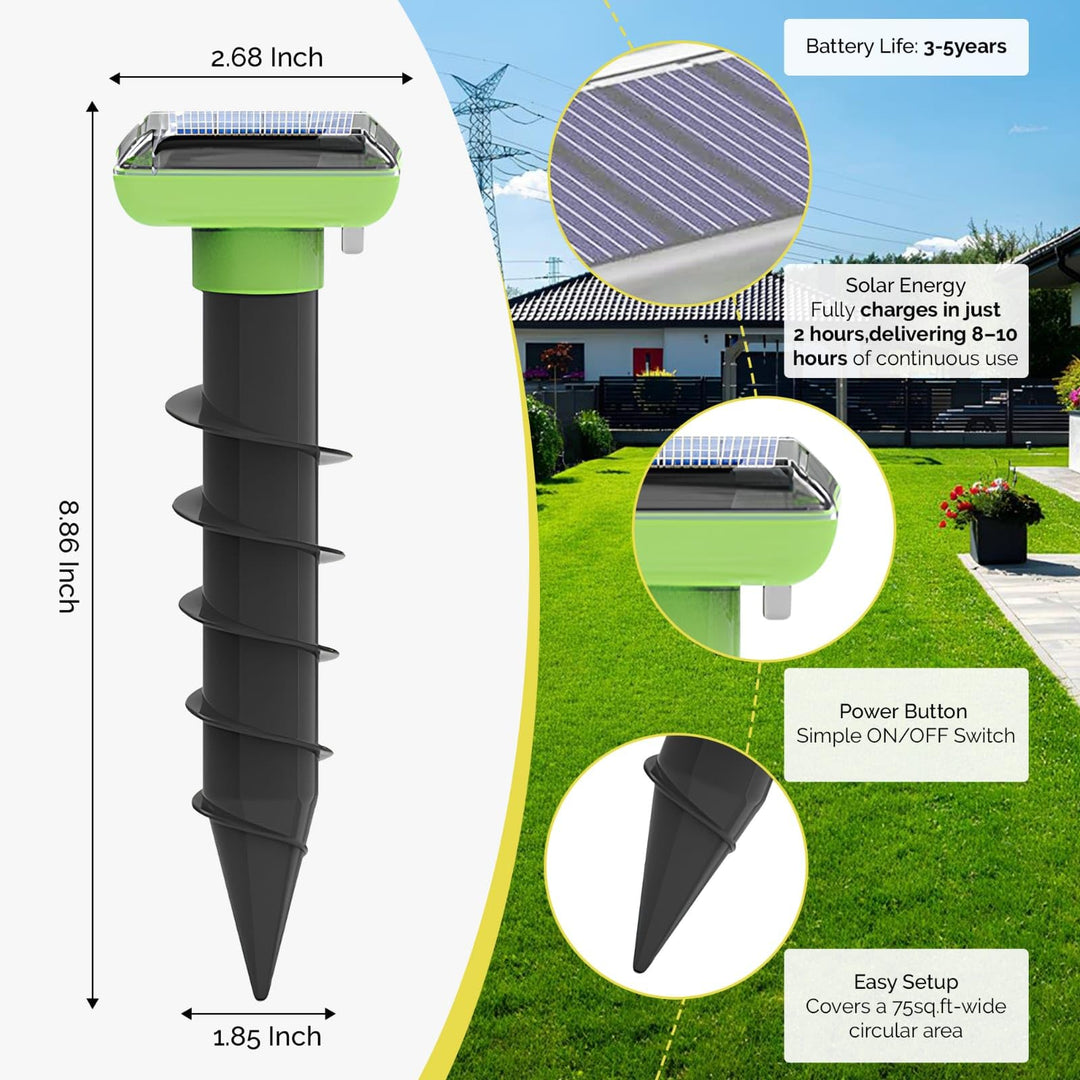 Solar Garden Device – 4 Pack, IP66 Waterproof, Solar Rechargeable, Covers up to 75 sq. ft., Quick 2-Hour Charge, 8–10 Hours Operation, Weather-Resistant Lawn & Garden – eco-Friendly Lawn Spikes,