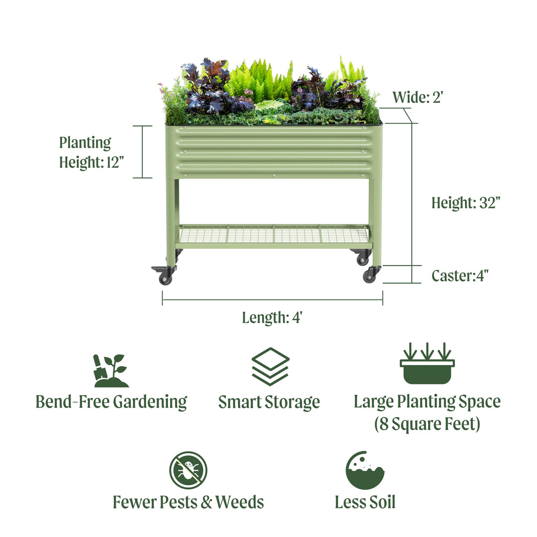 Rolling Elevated Raised Garden Bed-V Series, 2' x 4' Garden Beds with Legs & Storage Rack for Patio & Porch, 700 Lbs Weight Capacity, Outdoor Planter Box for Vegetables Flower Herbs, Olive Green