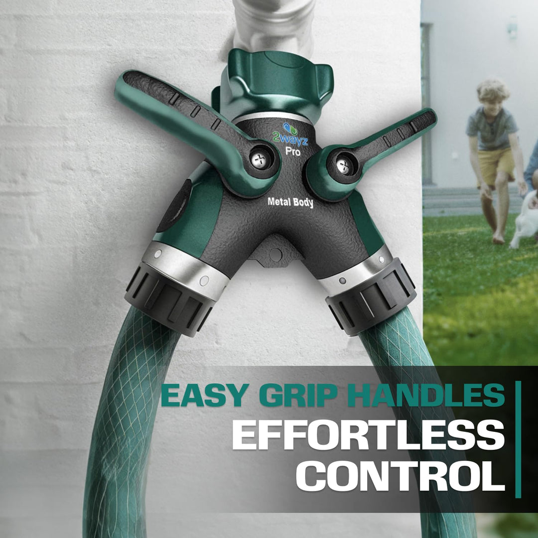 2WAYZ Hose Splitter 2 Way Heavy Duty Outdoor Faucet and Garden Connector - Water Spigot Splitter - Durable All-Metal Y Adapter with Shut-Off Valve - 4 x 4 x 1.5 Inches