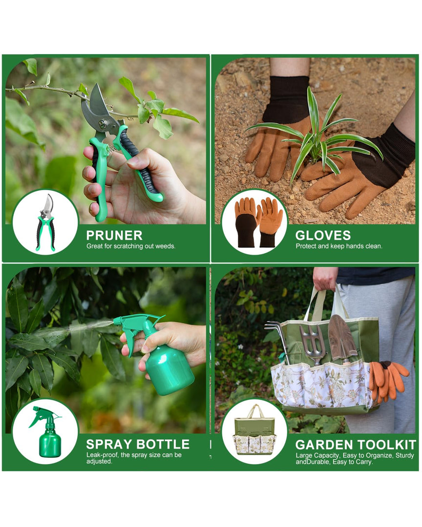 9-Piece Premium Gardening Tool Set for Women - Heavy Duty Stainless Steel Rust-Proof Tools with Fashion Storage Tote | Perfect Gardening Gifts for Mom, Mother's Day, Birthday & Outdoor (Green)
