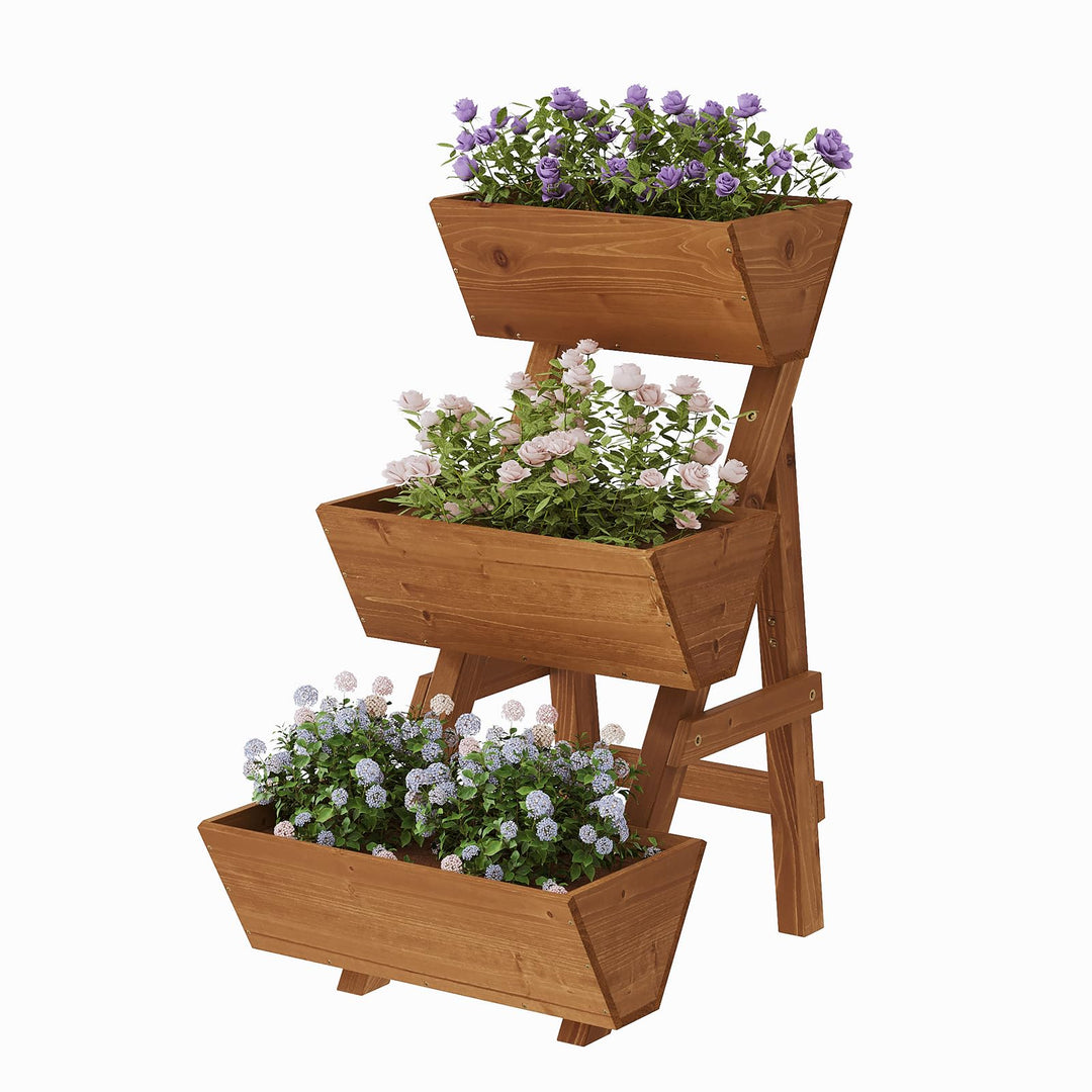 Dawnyard 3-Tiers Wooden Raised Garden Bed Tiered Planter Box Vertical Garden Planter Wood Plant Stand for Patio, Balcony, Freestanding. (Brown S)