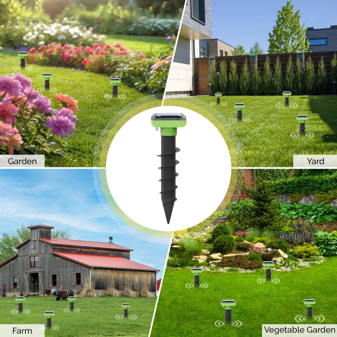 Solar Garden Device – 4 Pack, IP66 Waterproof, Solar Rechargeable, Covers up to 75 sq. ft., Quick 2-Hour Charge, 8–10 Hours Operation, Weather-Resistant Lawn & Garden – eco-Friendly Lawn Spikes,