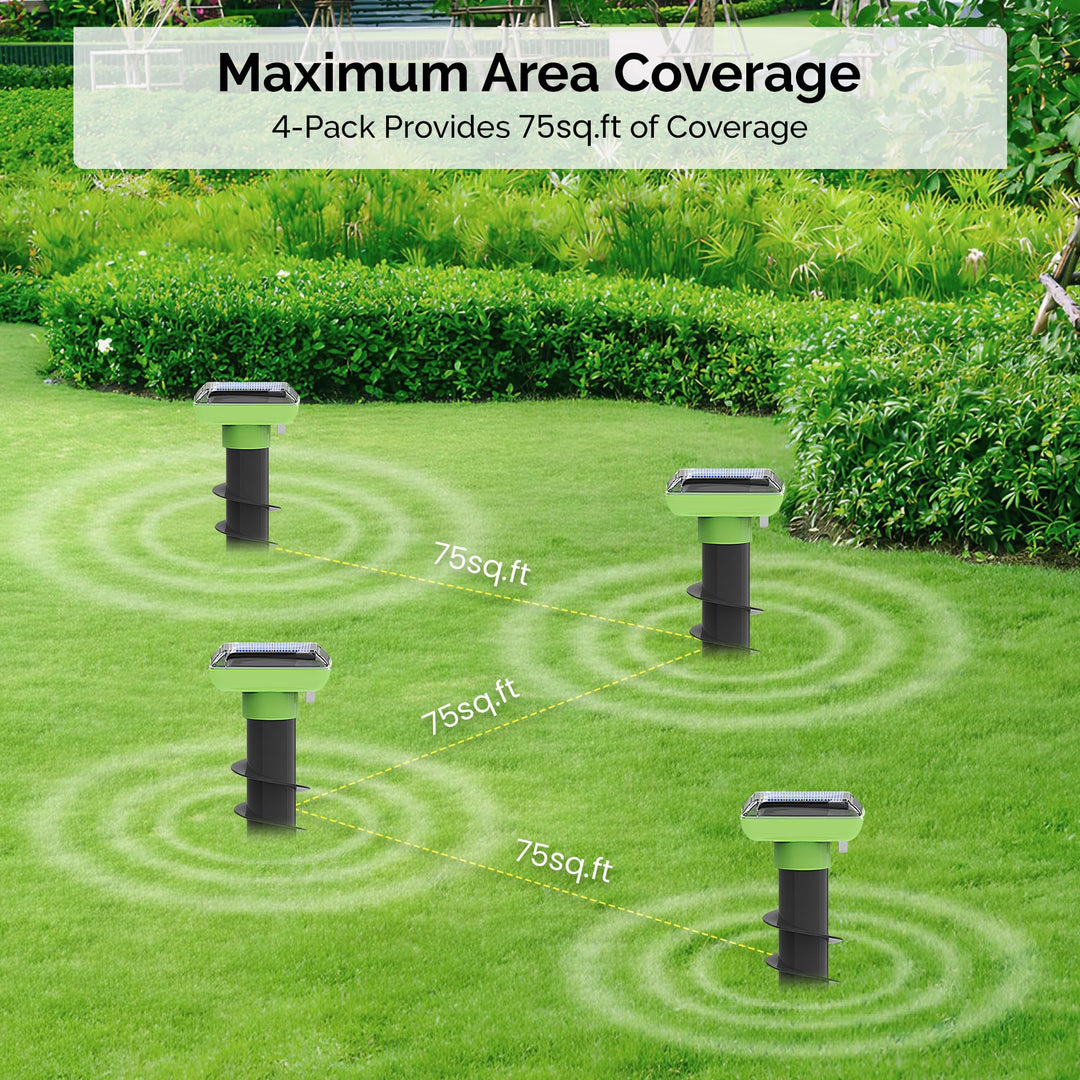 Solar Garden Device – 4 Pack, IP66 Waterproof, Solar Rechargeable, Covers up to 75 sq. ft., Quick 2-Hour Charge, 8–10 Hours Operation, Weather-Resistant Lawn & Garden – eco-Friendly Lawn Spikes,